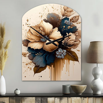 Brown And Blue Hibiscus Bouquet III - Asymmetric Metal Wall Clock
